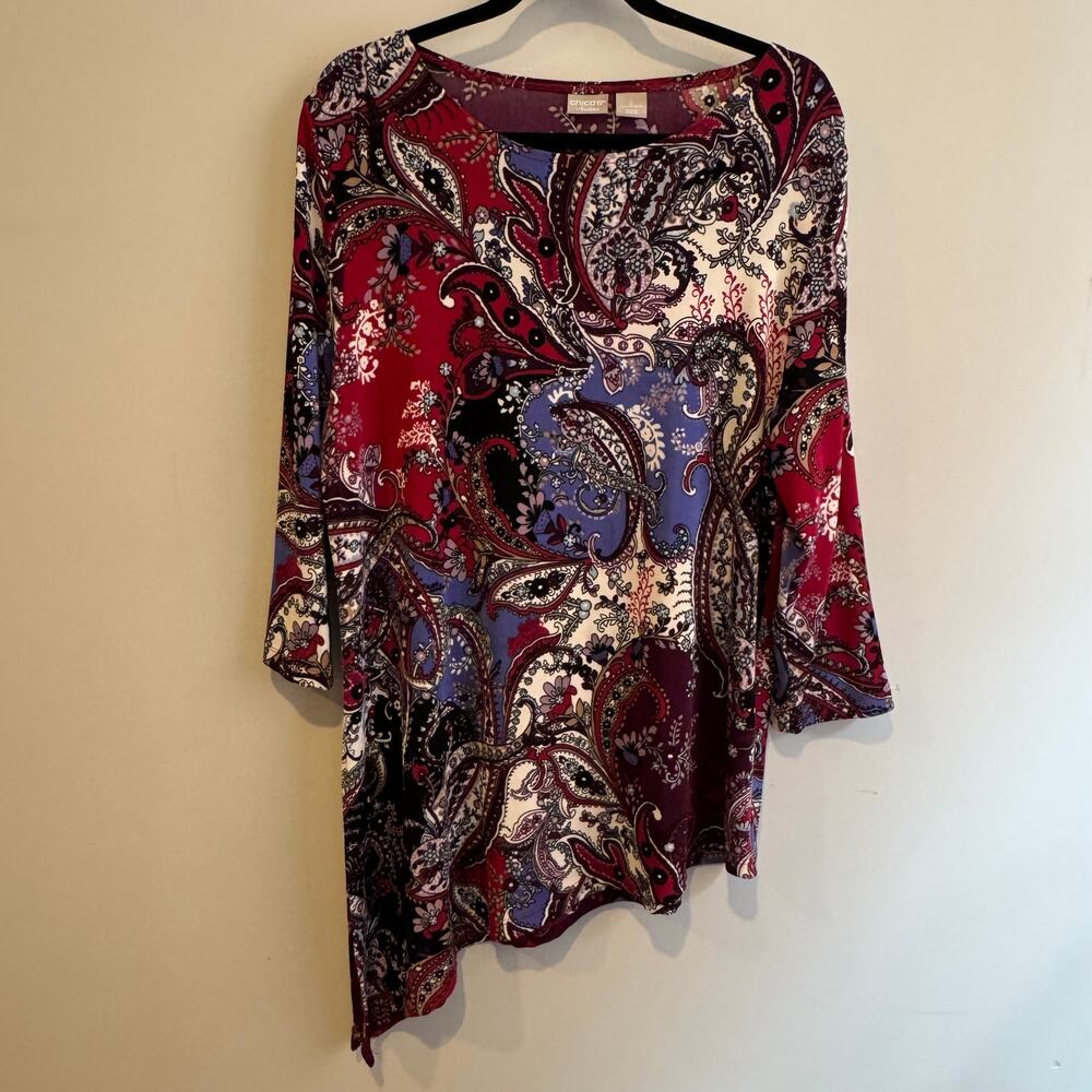 Chico's Travelers Asymmetrical Paisley Top Red Pullover 3/4 Sleeve Sz 2